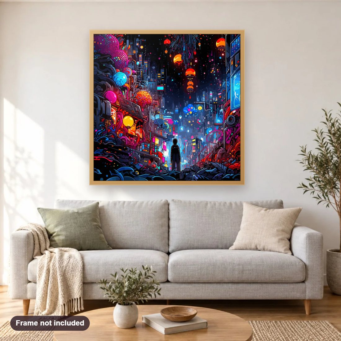 Lost in Future diamond painting shown framed on a living room wall above a sofa