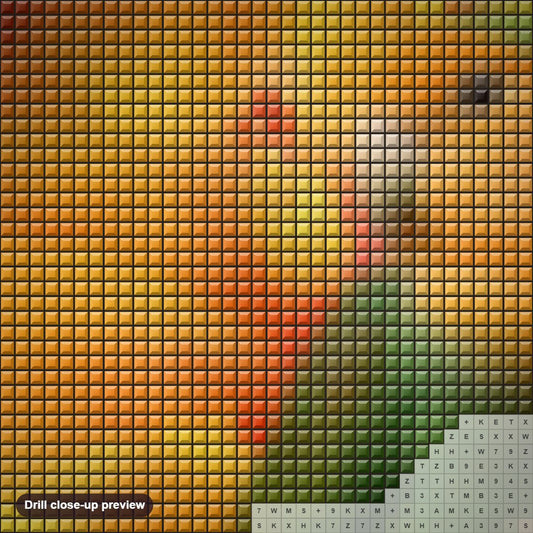Close-up preview of the Love Bird diamond painting with square 5D drills and printed canvas symbols