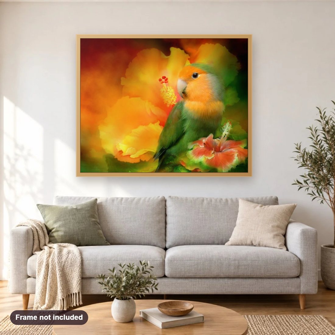 Love Bird diamond painting shown framed on a living room wall above a sofa