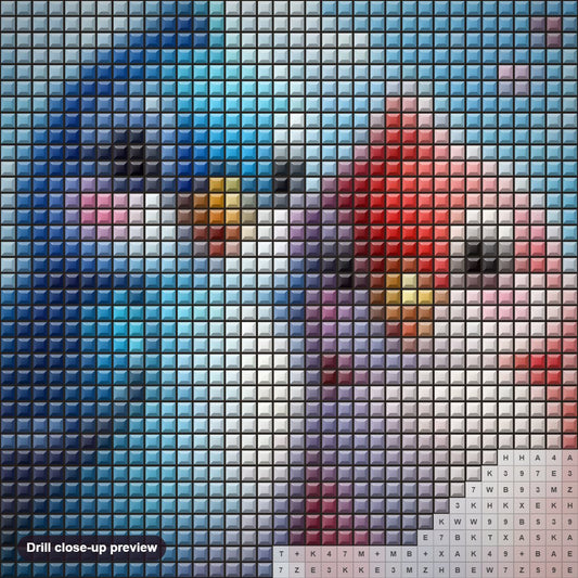 Close-up preview of the Love Birds on Valentine's Day diamond painting with square 5D drills and printed canvas symbols