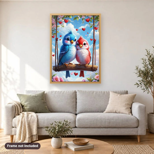 Love Birds on Valentine's Day diamond painting shown framed on a living room wall above a sofa