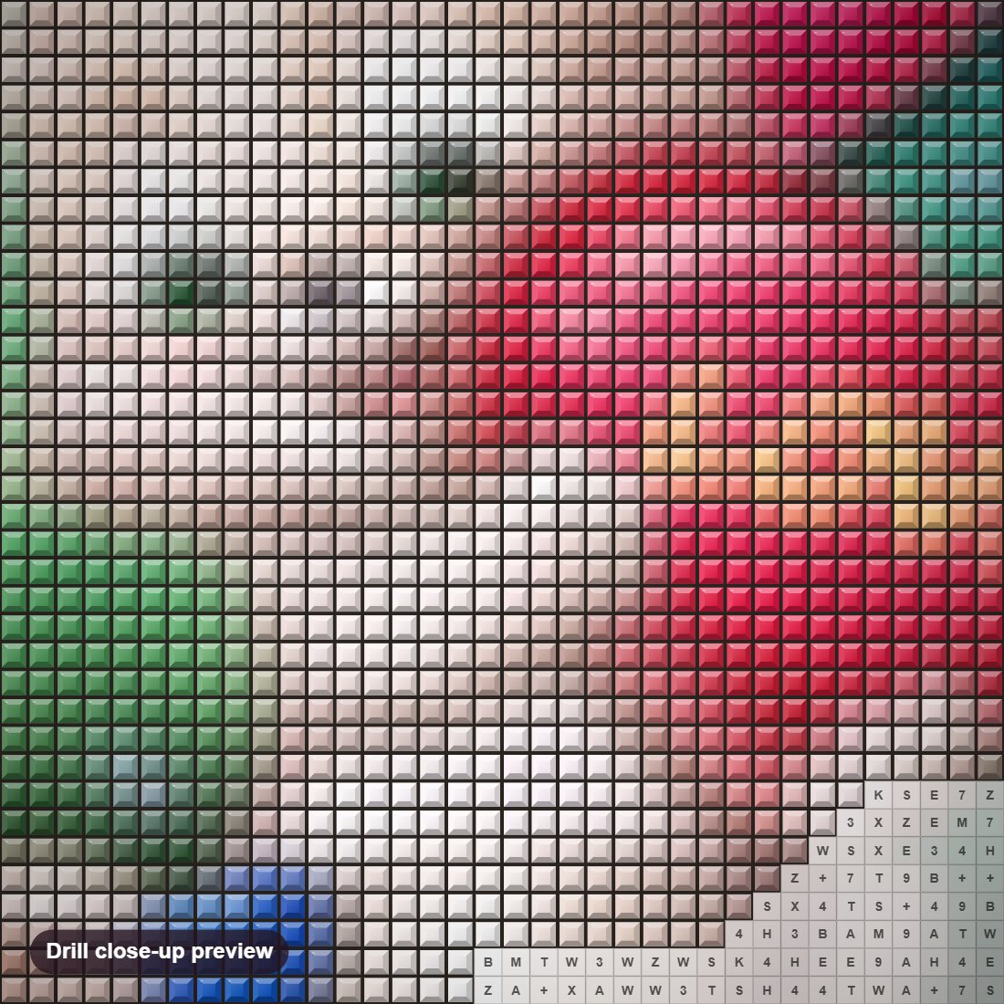 Close-up preview of the Love Bunny diamond painting with square 5D drills and printed canvas symbols