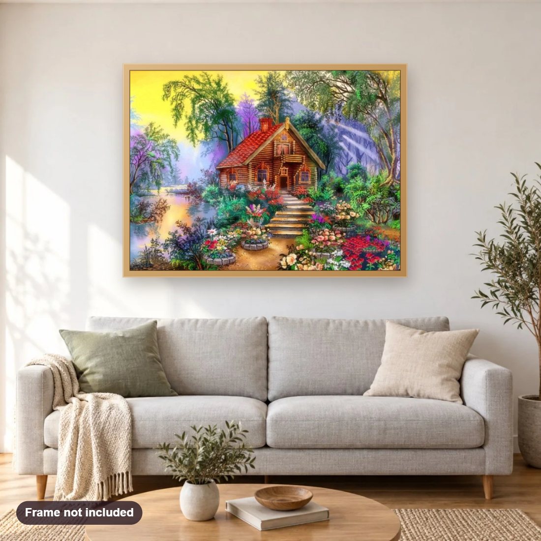 Love Home diamond painting shown framed on a living room wall above a sofa