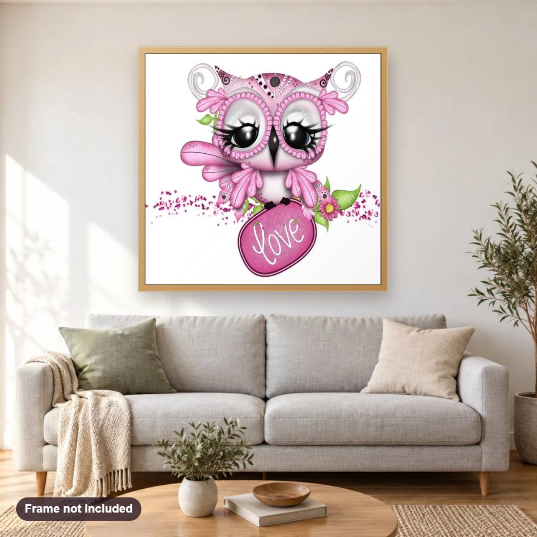 Love Owl Cartoon diamond painting shown framed on a living room wall above a sofa
