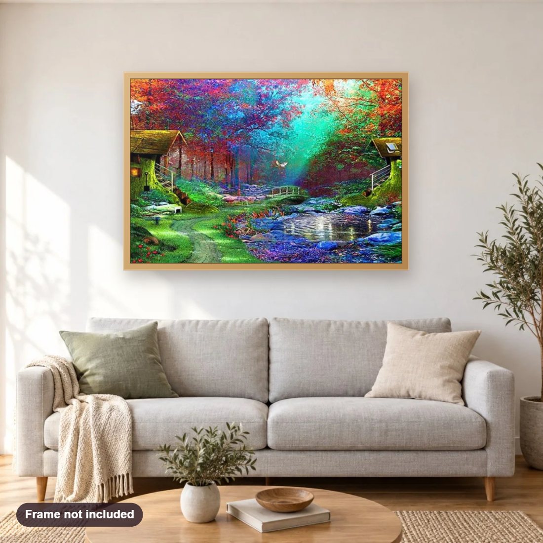 Love Scenery diamond painting shown framed on a living room wall above a sofa