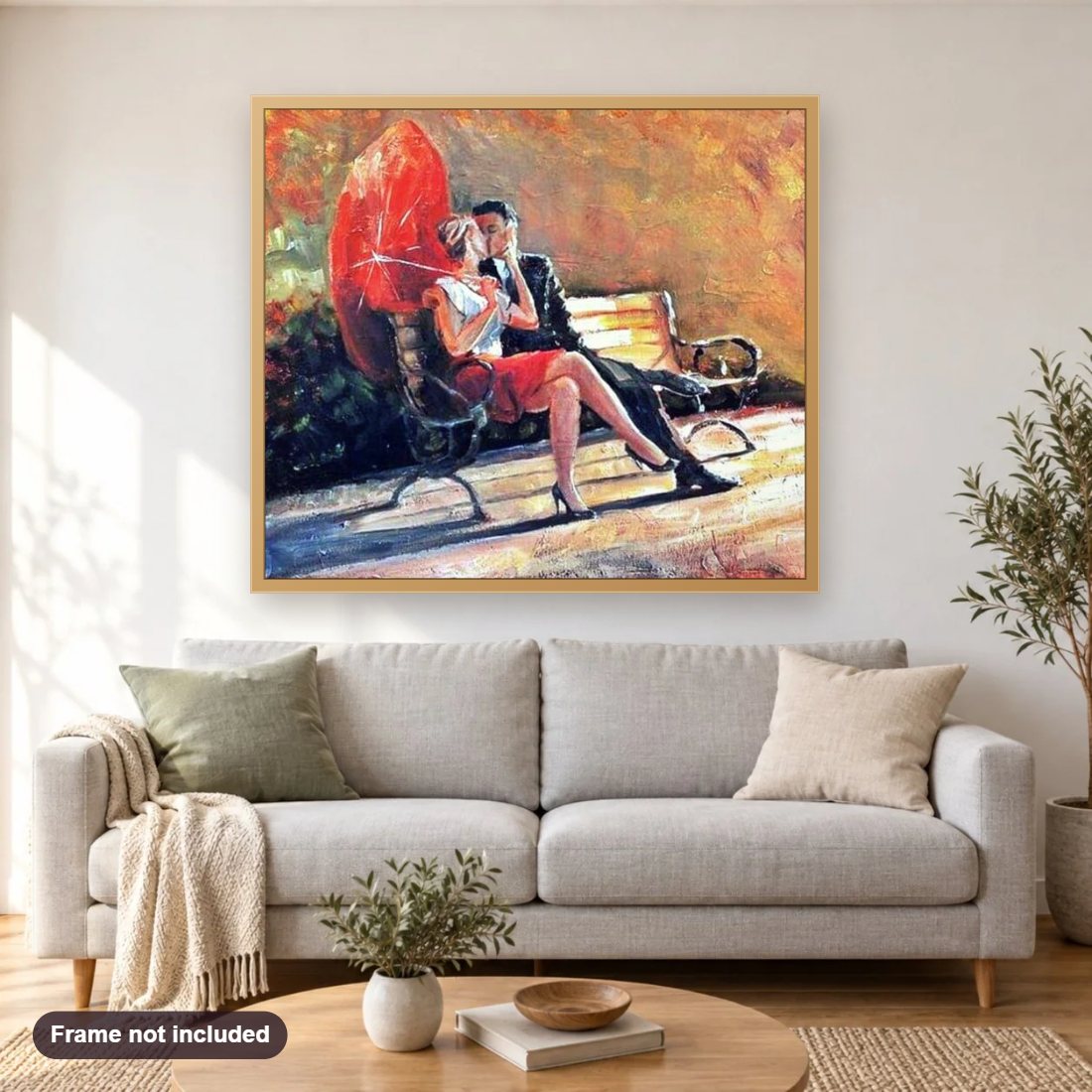 Lovely Couple Kissing diamond painting shown framed on a living room wall above a sofa
