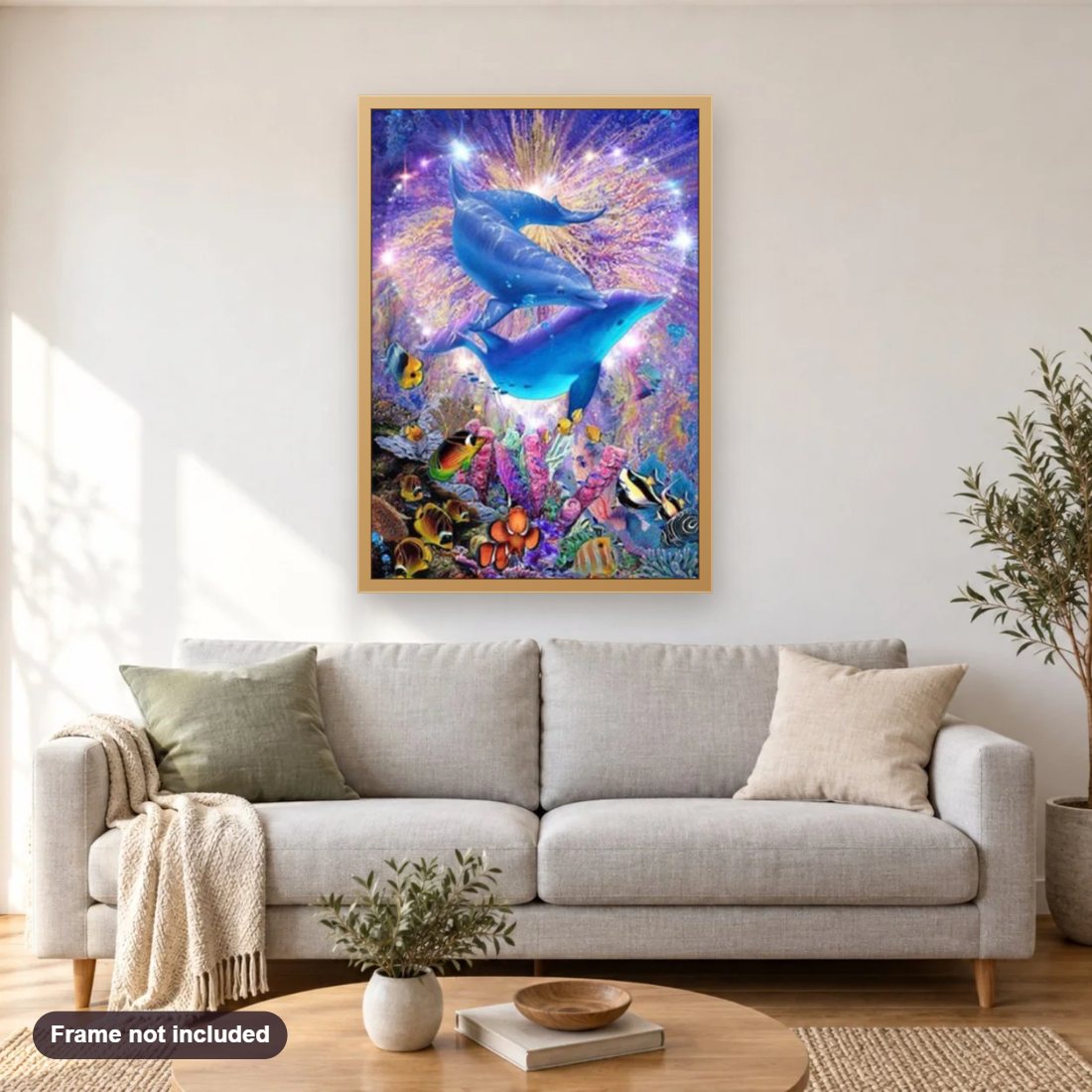 Lovely dolphins Pair diamond painting shown framed on a living room wall above a sofa