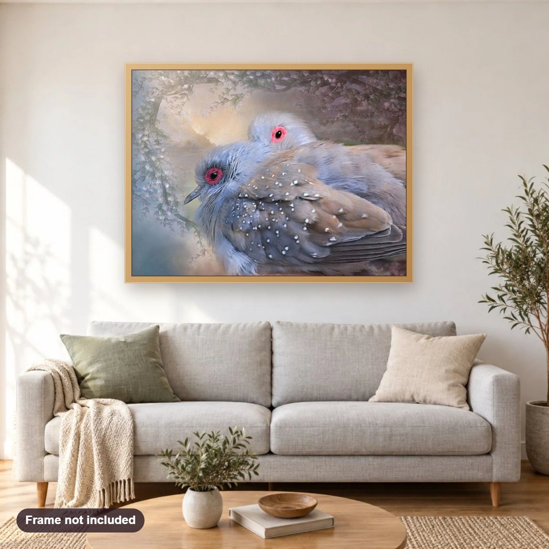 Lovely Dove Pair diamond painting shown framed on a living room wall above a sofa