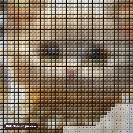Close-up preview of the Lovely Golden kitten diamond painting with square 5D drills and printed canvas symbols