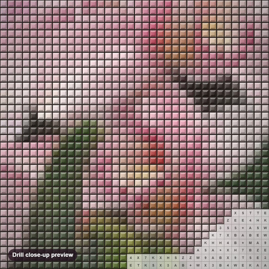 Close-up preview of the Lovely Pink Orchids diamond painting with square 5D drills and printed canvas symbols