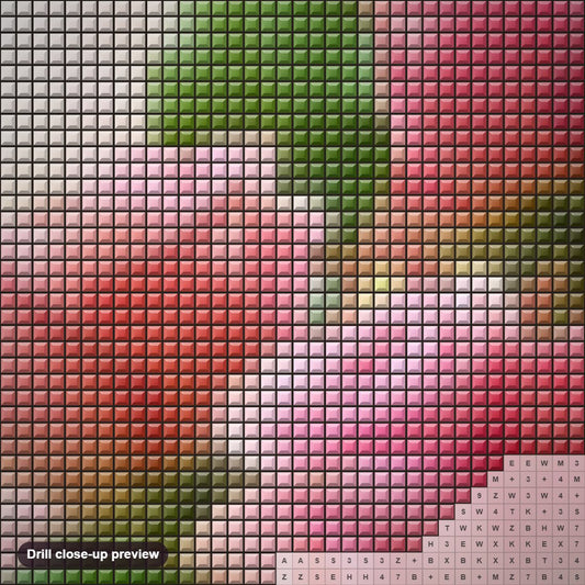 Close-up preview of the Lovely Pink Roses diamond painting with square 5D drills and printed canvas symbols
