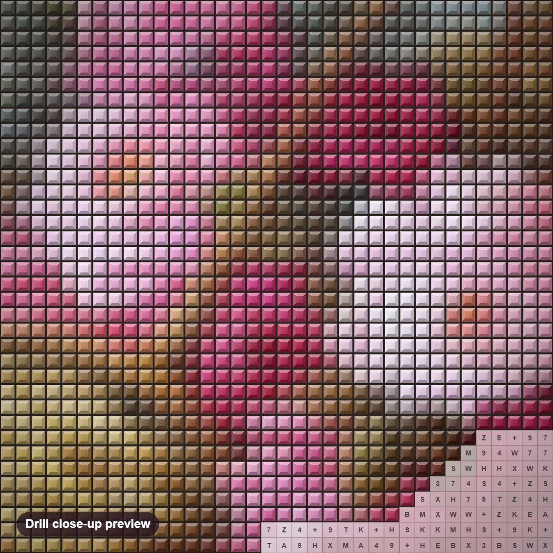 Close-up preview of the Lovely Roses diamond painting with square 5D drills and printed canvas symbols