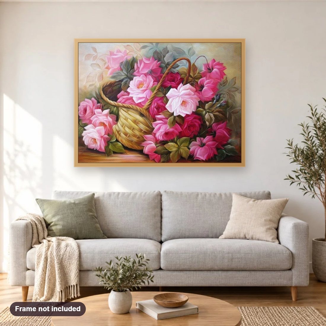 Lovely Roses diamond painting shown framed on a living room wall above a sofa