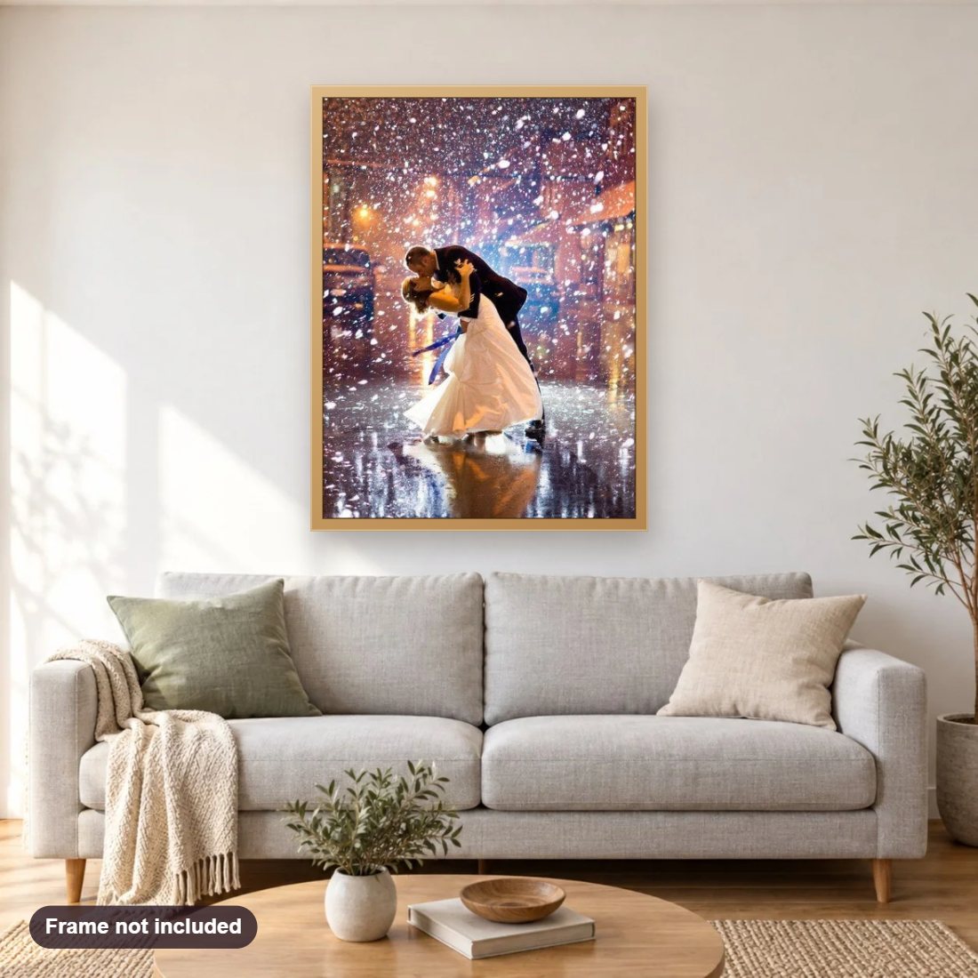 Loving Couple Kissing on Street diamond painting shown framed on a living room wall above a sofa