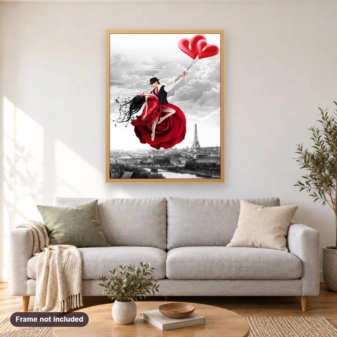 Loving Couple with Love Balloons diamond painting shown framed on a living room wall above a sofa