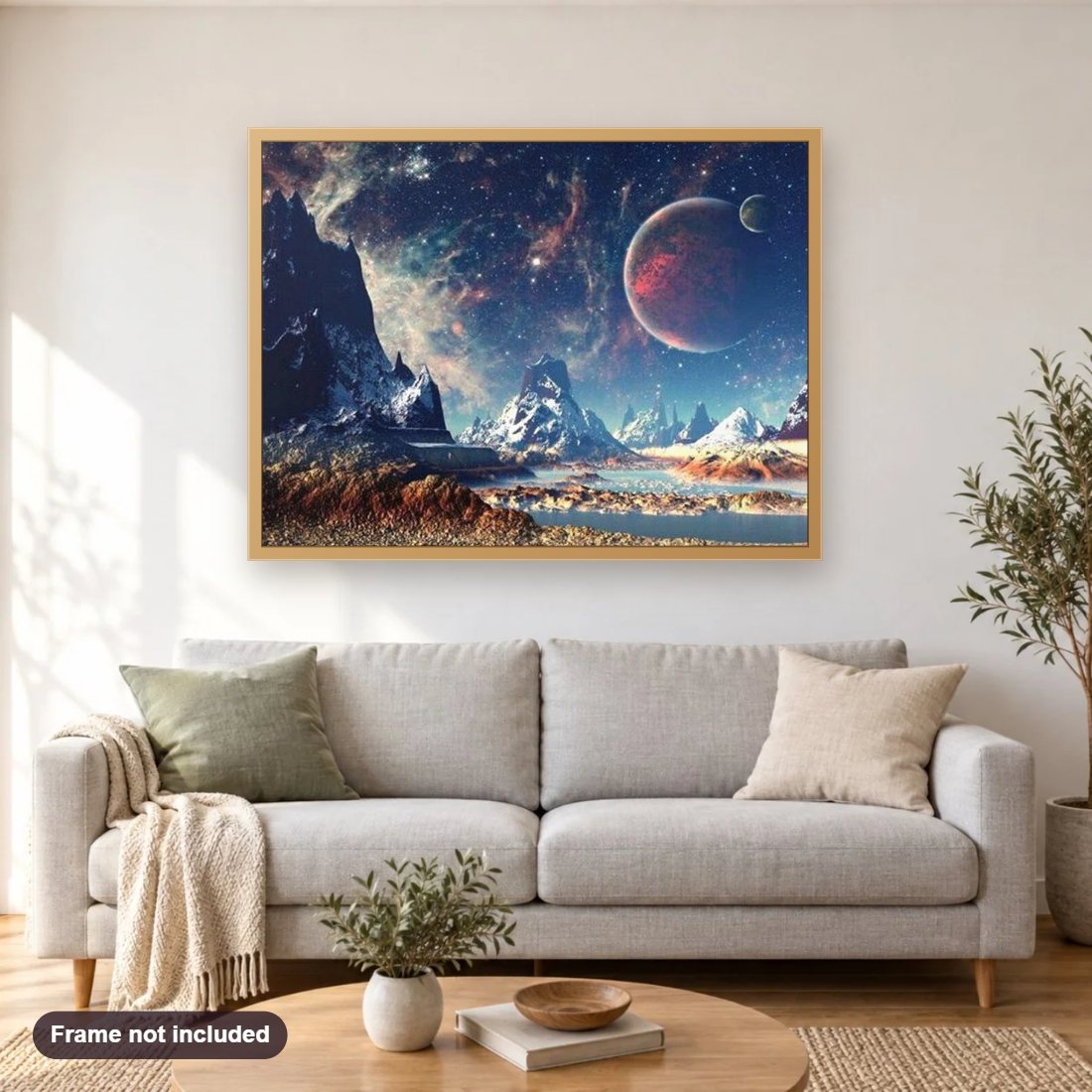 Lucid Dreams diamond painting shown framed on a living room wall above a sofa