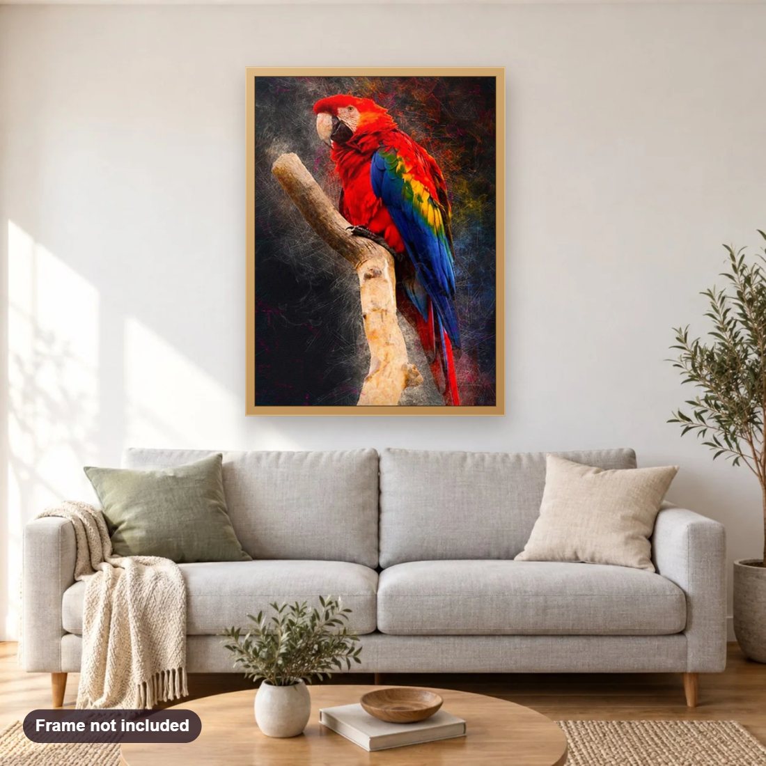 Macaw Parrot diamond painting shown framed on a living room wall above a sofa
