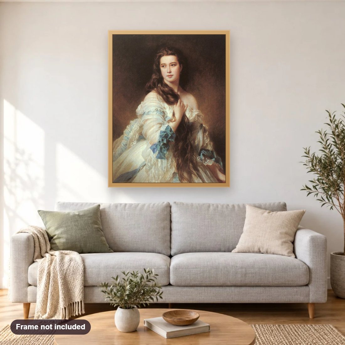 Madame Barbe de Rimsky Korsakov Portrait diamond painting shown framed on a living room wall above a sofa