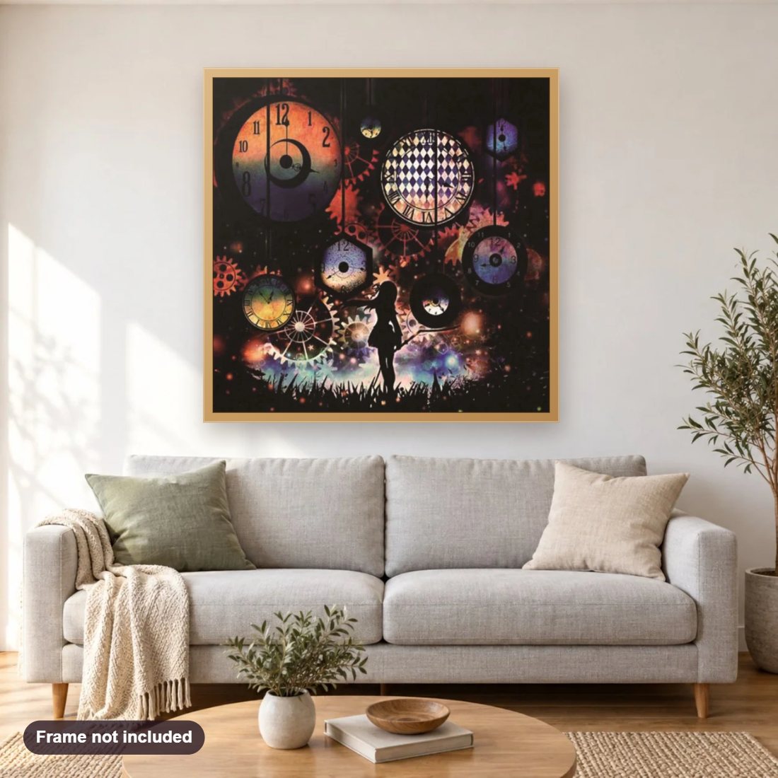 Magic Girl diamond painting shown framed on a living room wall above a sofa