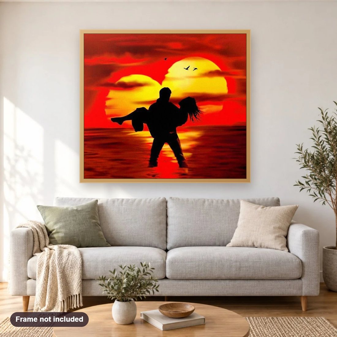 Magic of Love diamond painting shown framed on a living room wall above a sofa