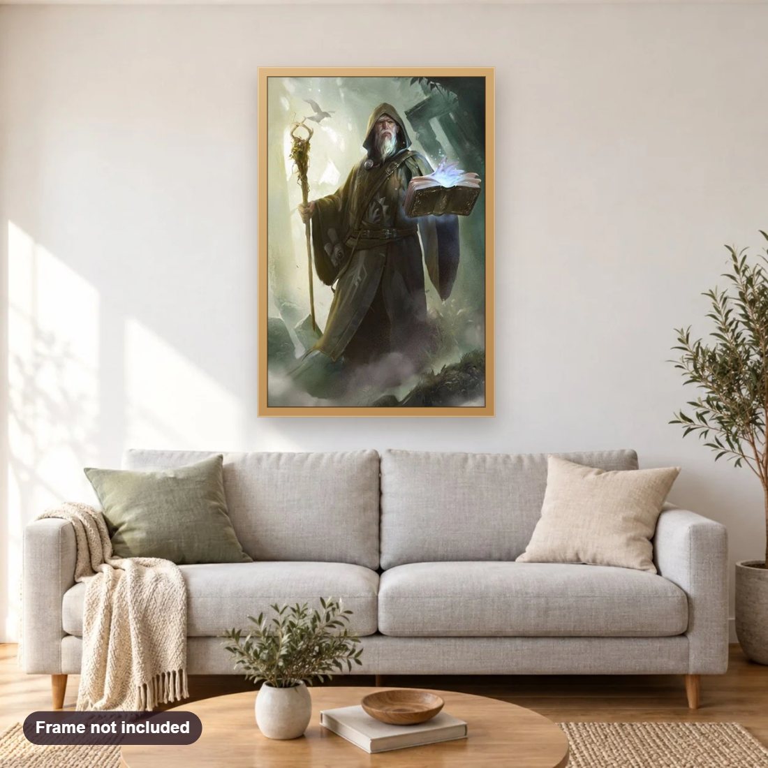 Magic Wizard diamond painting shown framed on a living room wall above a sofa