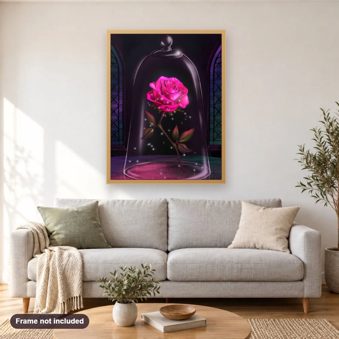Magical Flower diamond painting shown framed on a living room wall above a sofa