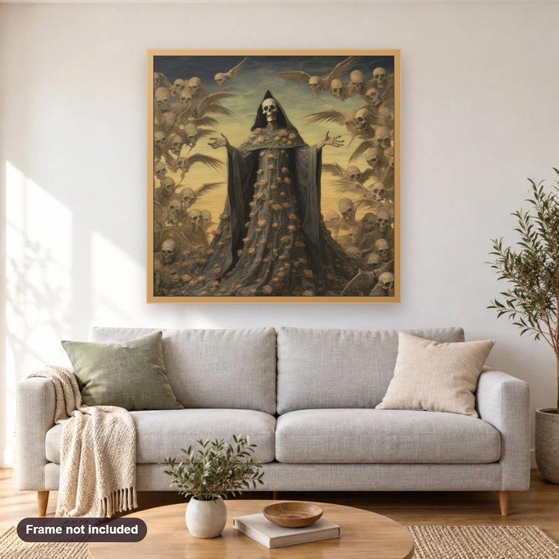 Magical Ghosts Gathering diamond painting shown framed on a living room wall above a sofa