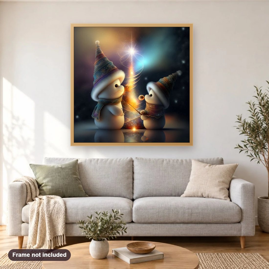 Magical Holidays Diamond Painting Art diamond painting shown framed on a living room wall above a sofa