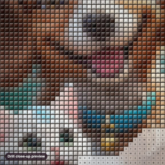 Close-up preview of the Magical Painting of Puppy & Kitten diamond painting with square 5D drills and printed canvas symbols
