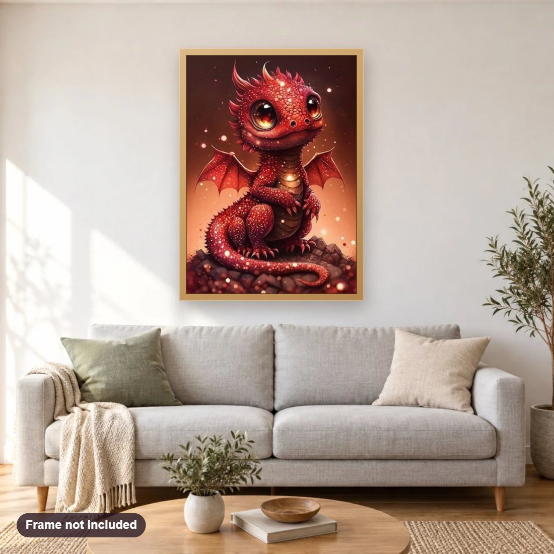 Magnificent Red Dragon diamond painting shown framed on a living room wall above a sofa
