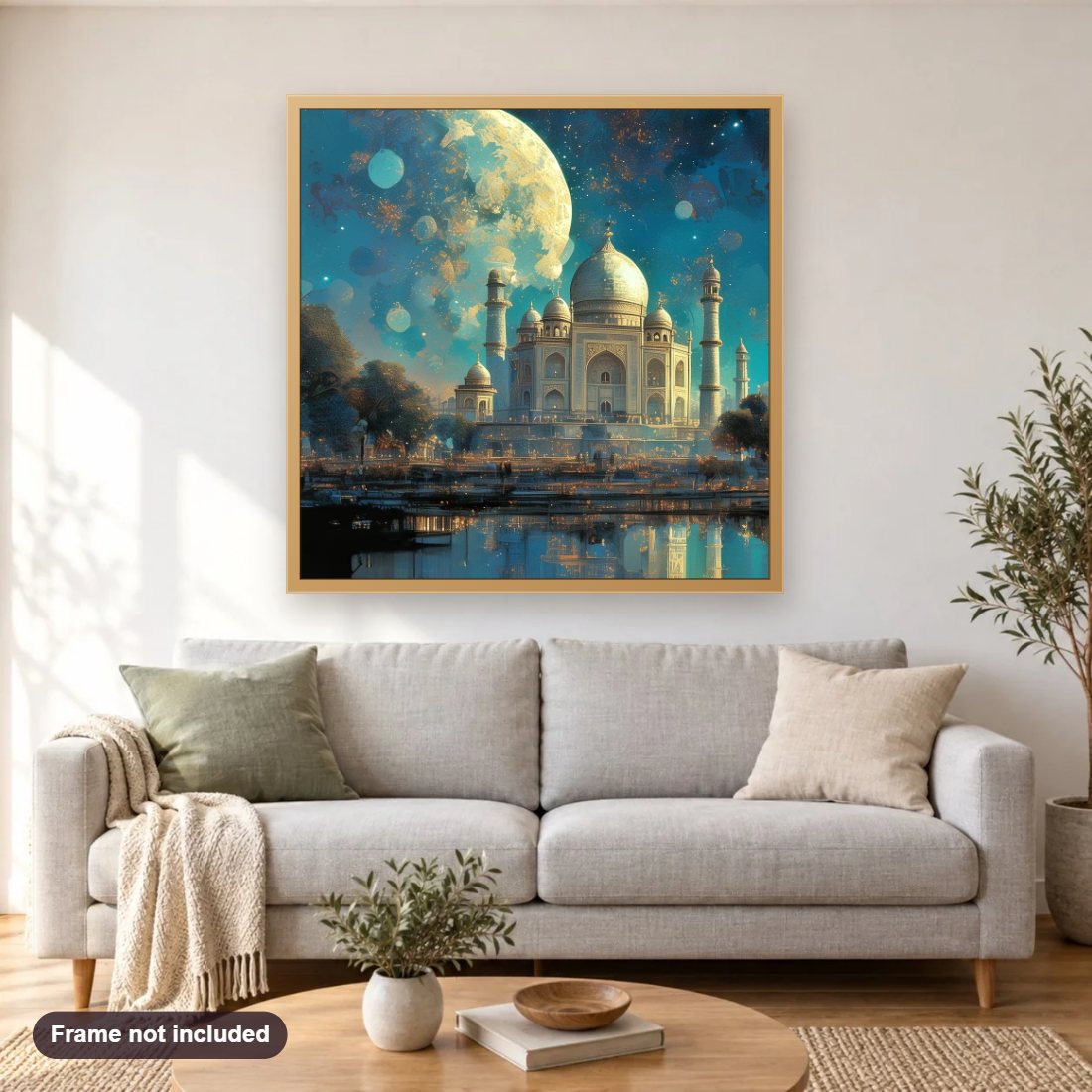 Majestic Taj Mahal diamond painting shown framed on a living room wall above a sofa
