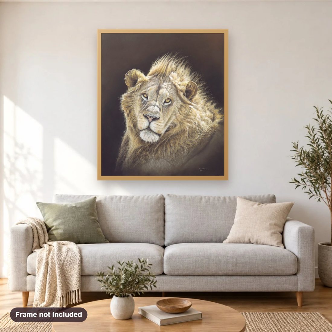 Majesty diamond painting shown framed on a living room wall above a sofa