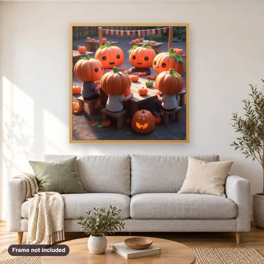 Making Halloween Plans diamond painting shown framed on a living room wall above a sofa