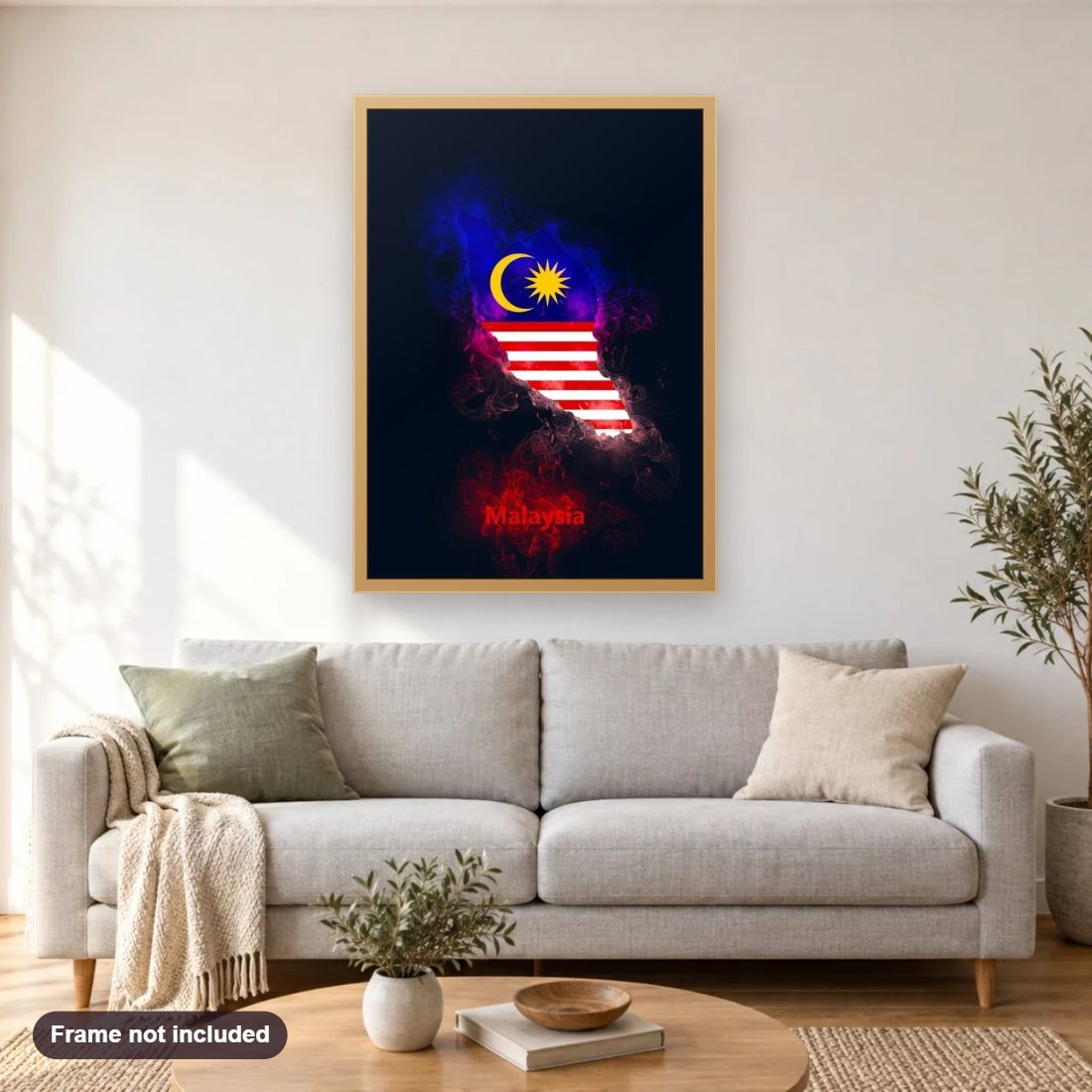 Malaysia Country Map diamond painting shown framed on a living room wall above a sofa