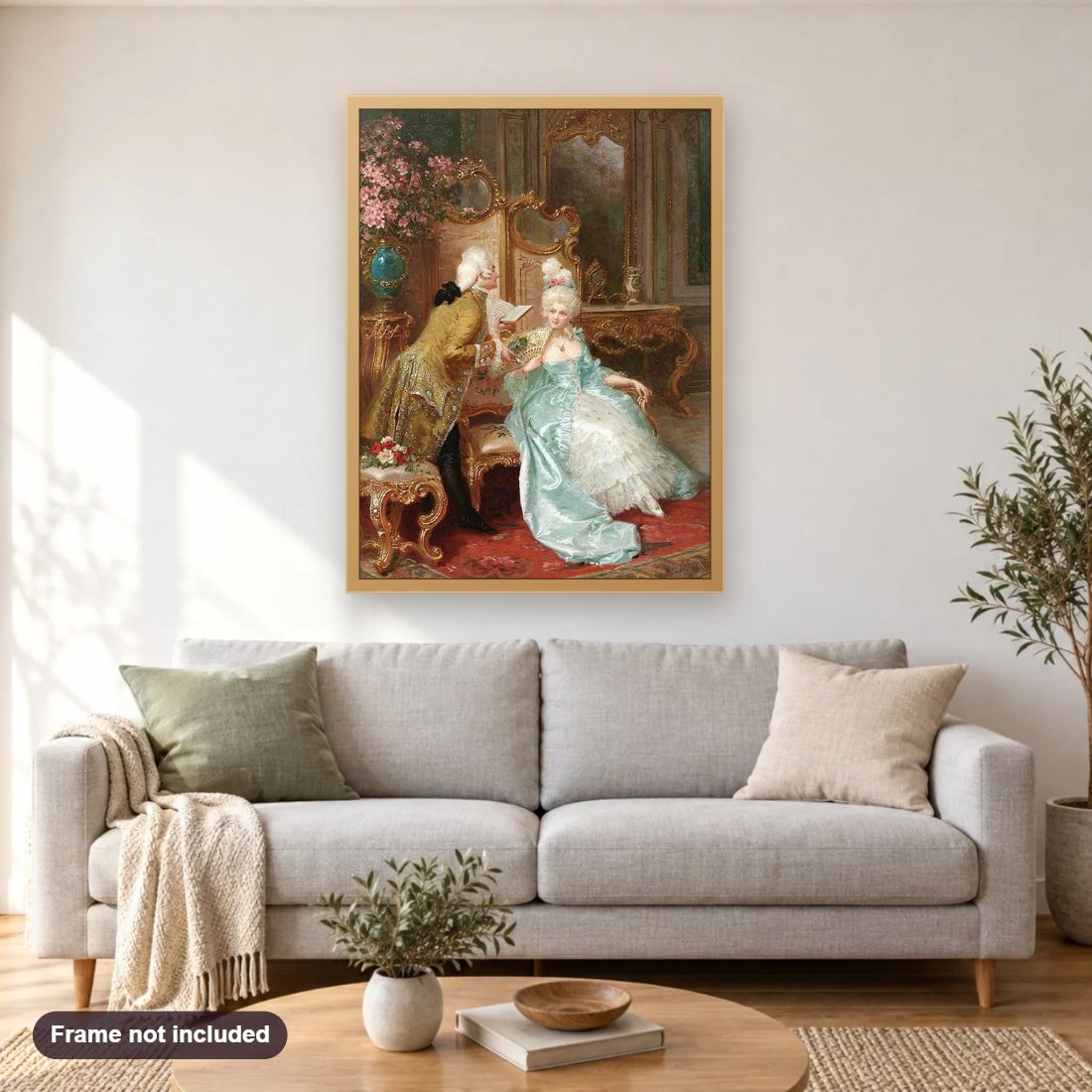 Marie Antoinette diamond painting shown framed on a living room wall above a sofa