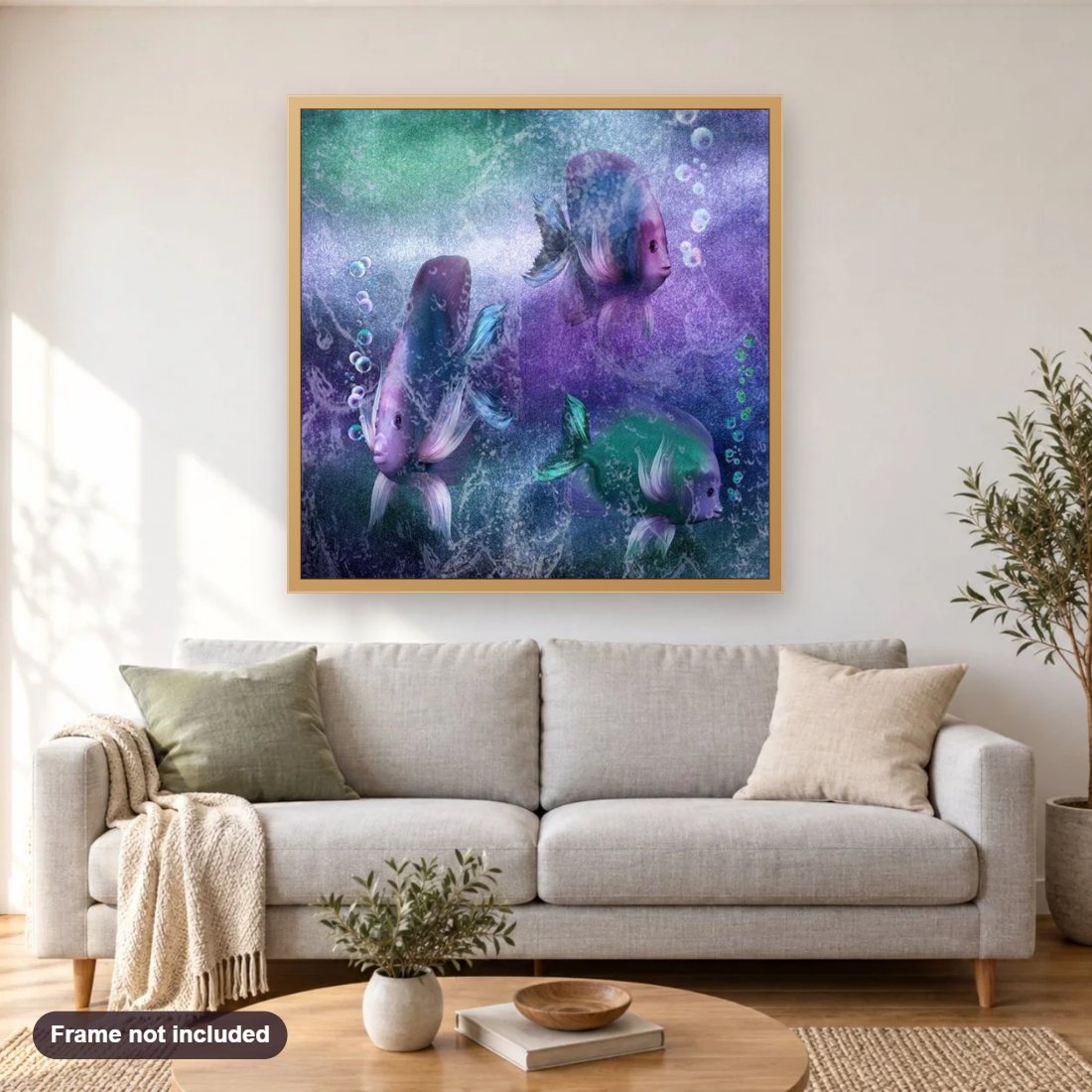 Marine Biology diamond painting shown framed on a living room wall above a sofa