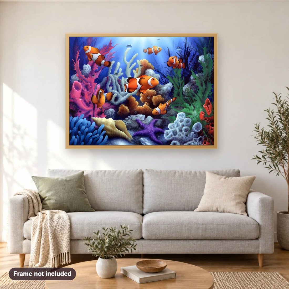 Marine Life diamond painting shown framed on a living room wall above a sofa