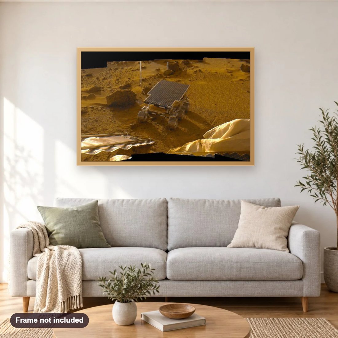 Mars Rover diamond painting shown framed on a living room wall above a sofa