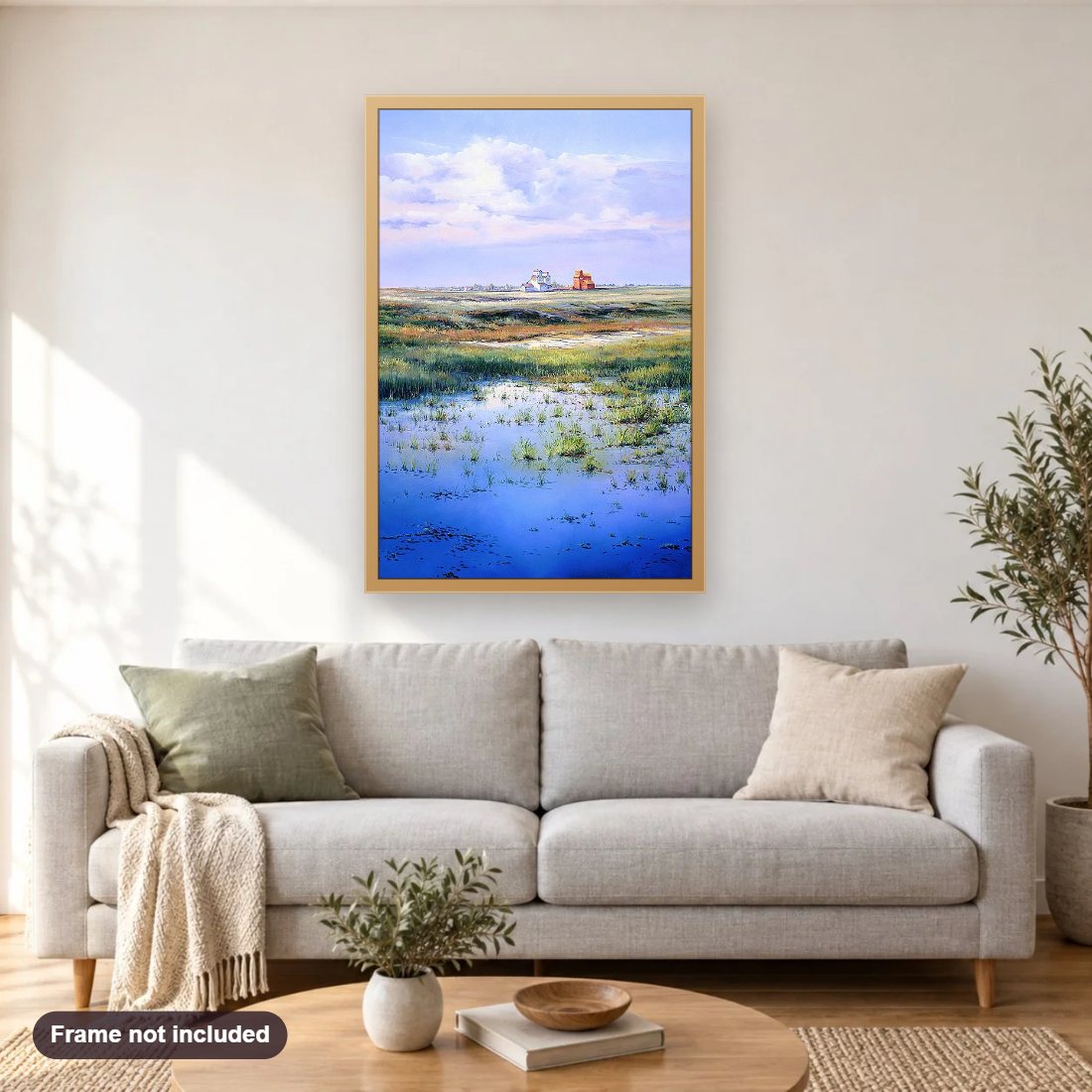 May Moods diamond painting shown framed on a living room wall above a sofa