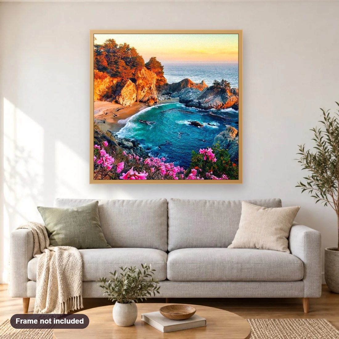 McWay Falls diamond painting shown framed on a living room wall above a sofa