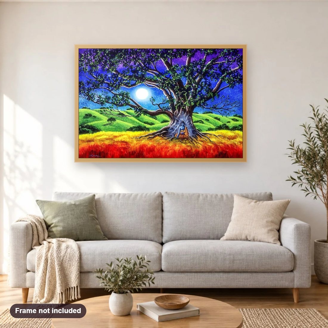 Meditation Buddha diamond painting shown framed on a living room wall above a sofa