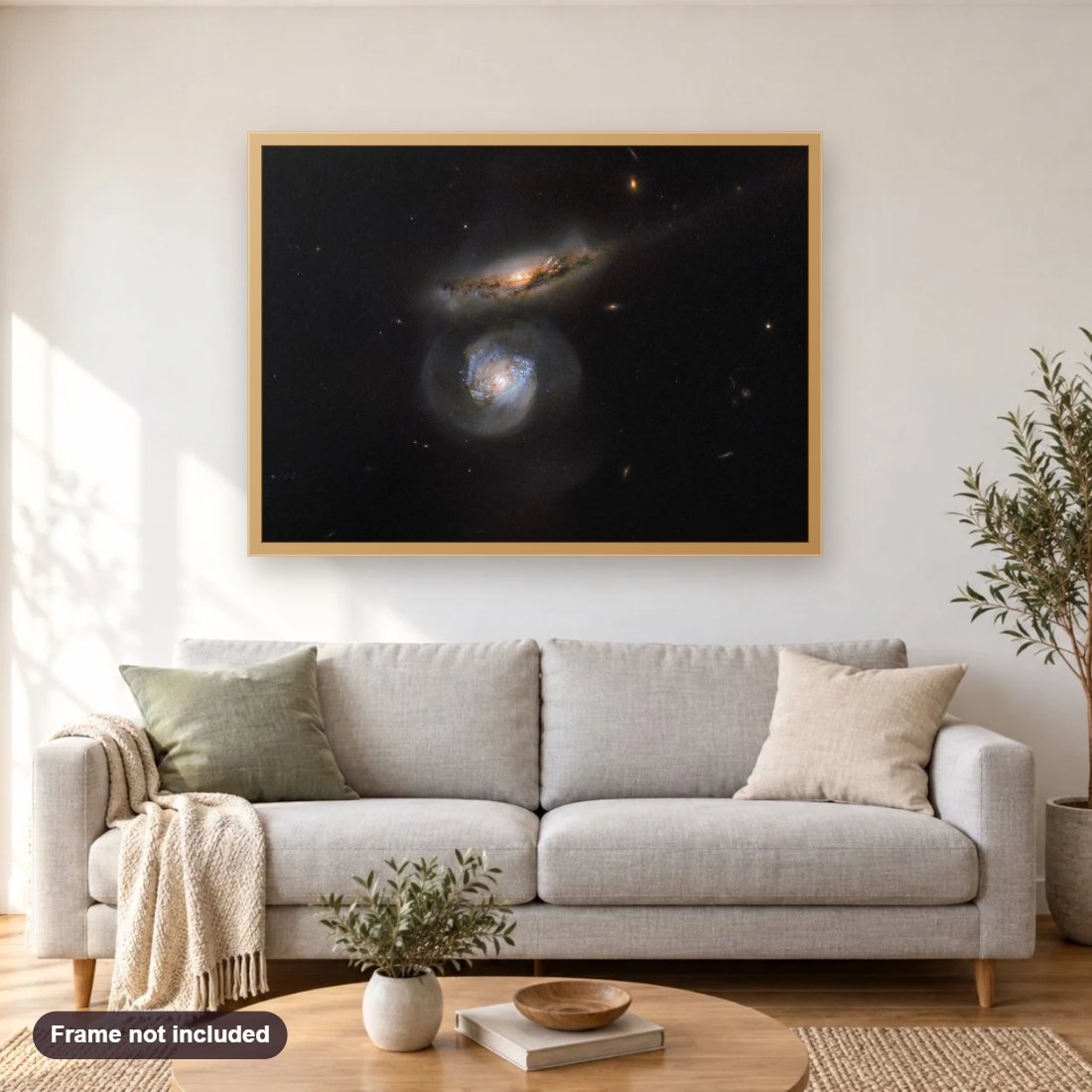 Mega maser Galaxy diamond painting shown framed on a living room wall above a sofa