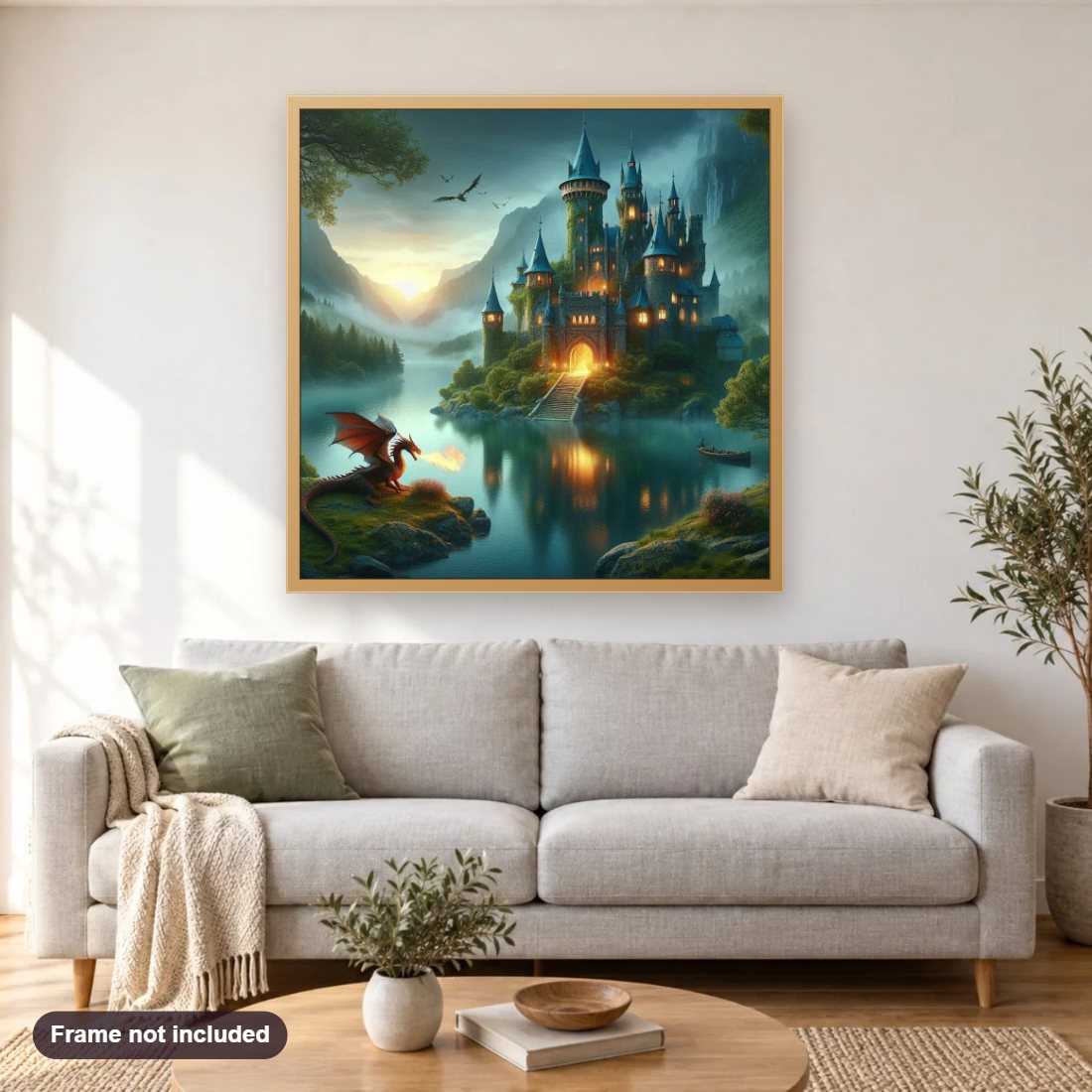 Megical Castle diamond painting shown framed on a living room wall above a sofa