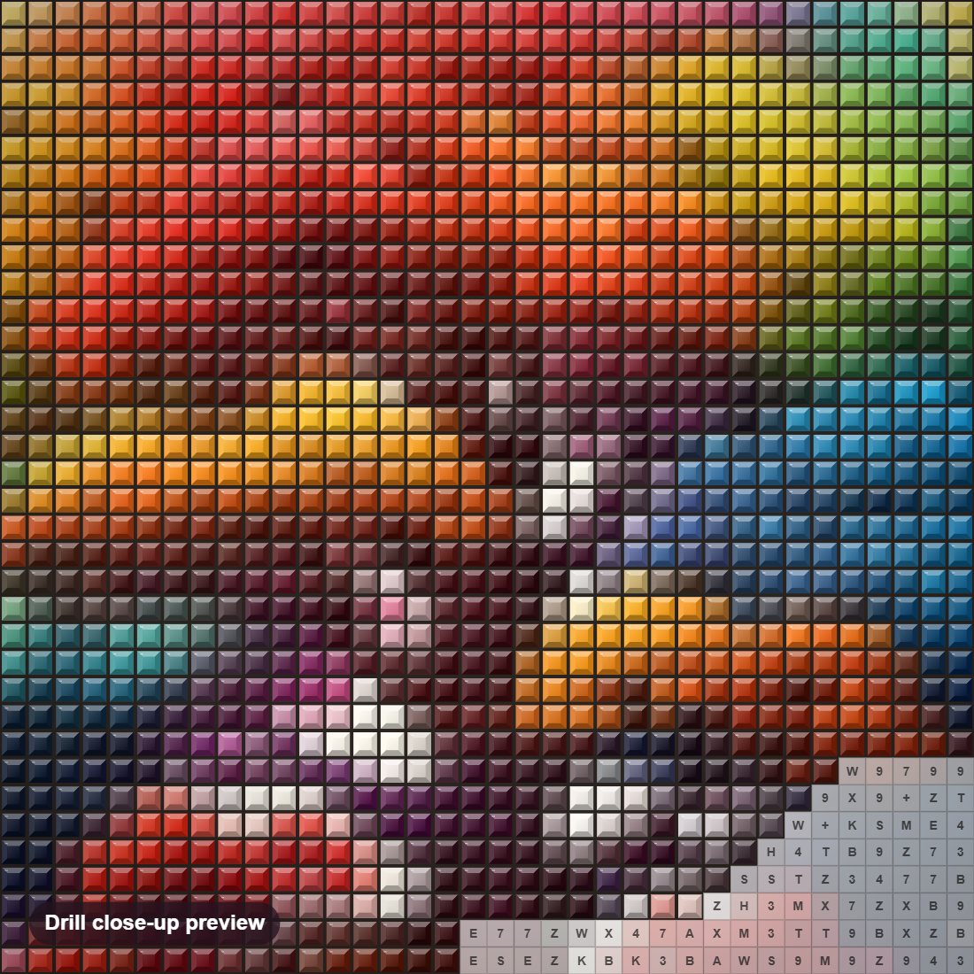 Close-up preview of the Megical Rainbow Tree diamond painting with square 5D drills and printed canvas symbols