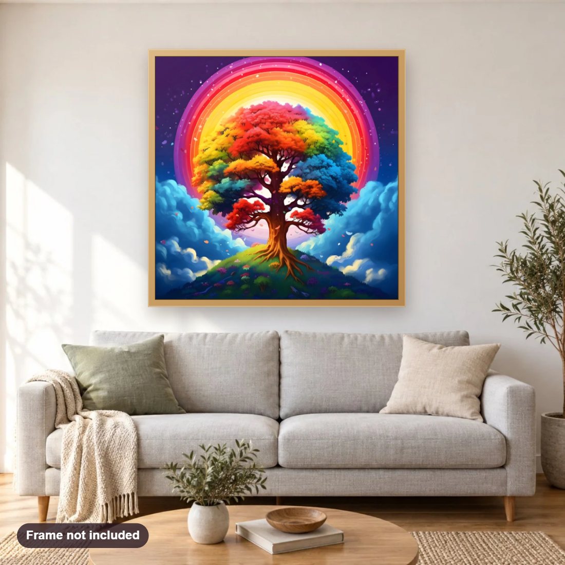 Megical Rainbow Tree diamond painting shown framed on a living room wall above a sofa