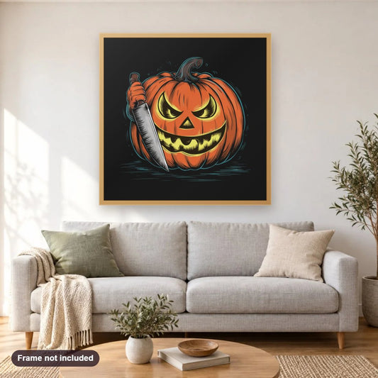 Menacing Pumpkin with Sharp Knife diamond painting shown framed on a living room wall above a sofa