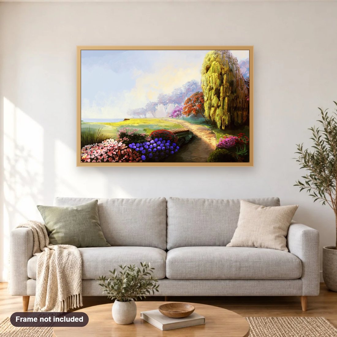Mendocino Botanical Garden diamond painting shown framed on a living room wall above a sofa