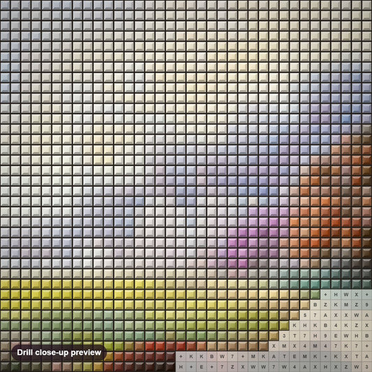 Close-up preview of the Mendocino Botanical Garden diamond painting with square 5D drills and printed canvas symbols