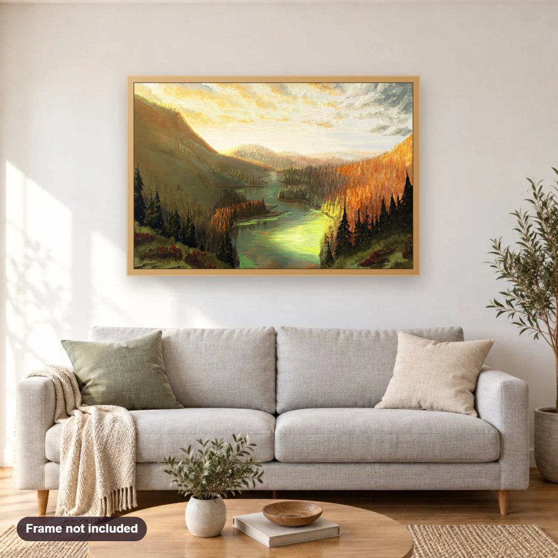 Merced River diamond painting shown framed on a living room wall above a sofa