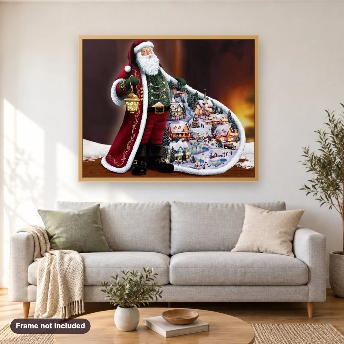 Merry Christmas Santa Claus diamond painting shown framed on a living room wall above a sofa